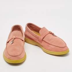 Pre Owned Loro Piana Pink Suede Summer Charms Walk Slip On Loafers Size 37