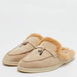 Pre Owned Loro Piana Beige Suede Fur Babouche Charms Walk Mules Size 38.5