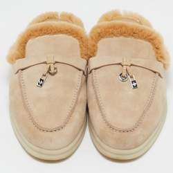 Pre Owned Loro Piana Beige Suede Fur Babouche Charms Walk Mules Size 38.5