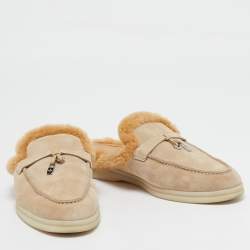 Pre Owned Loro Piana Beige Suede Fur Babouche Charms Walk Mules Size 38.5