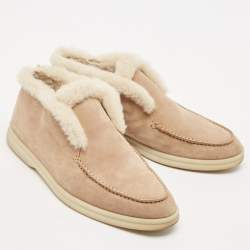 Loro Piana Beige Shearling and Suede Open Ankle Boots Size 37.5