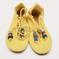 Loro Piana Yellow Knit Fabric Bingin Crochet Ankle Tie Ballet Flats Size 38