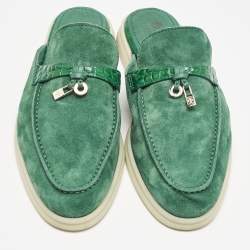 Pre Owned Loro Piana Green Suede and Croc Babouche Charms Walk Flat Mules Size 37