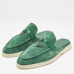 Pre Owned Loro Piana Green Suede and Croc Babouche Charms Walk Flat Mules Size 37