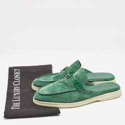 Pre Owned Loro Piana Green Suede and Croc Babouche Charms Walk Flat Mules Size 37