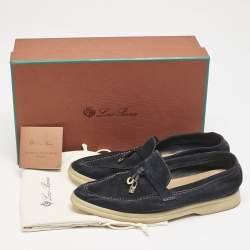 Pre Owned Loro Piana Navy Blue Suede Summer Charms Walk Loafers Size 36.5