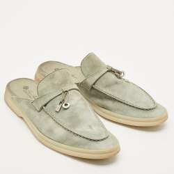 Pre Owned Loro Piana Mint Green Nubuck Leather Babouche Charms Walk Flat Mules Size 37.5