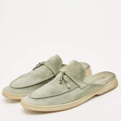 Pre Owned Loro Piana Mint Green Nubuck Leather Babouche Charms Walk Flat Mules Size 37.5