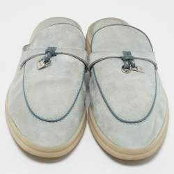 Loro Piana Light Blue Suede Babouche Charms Walk Flat Mules Size 38.5