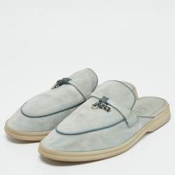 Loro Piana Light Blue Suede Babouche Charms Walk Flat Mules Size 38.5