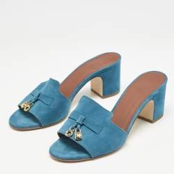 Pre Owned Loro Piana Blue Suede Summer Charms Walk Slide Sandals Size 38.5