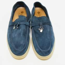 Pre Owned Loro Piana Navy Blue Suede Summer Walk Loafers Size 39.5