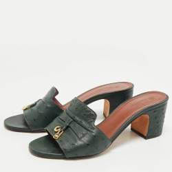 Pre Owned Loro Piana Green Ostrich Leather Summer Charms Walk Slide Sandals Size 39