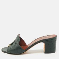 Loro Piana Green Ostrich Leather Summer Charms Walk Slide Sandals Size 39