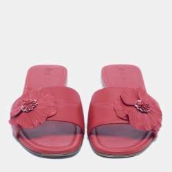 Pre Owned Loro Piana Red Leather Floral Applique Flat Slides Size 40