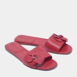 Pre Owned Loro Piana Red Leather Floral Applique Flat Slides Size 40