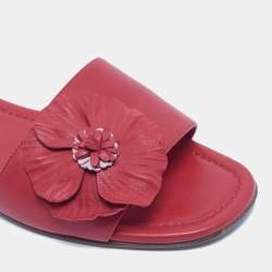 Pre Owned Loro Piana Red Leather Floral Applique Flat Slides Size 40