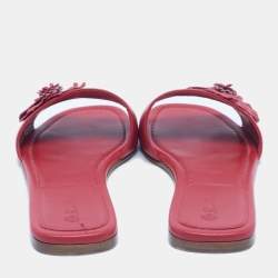 Pre Owned Loro Piana Red Leather Floral Applique Flat Slides Size 40