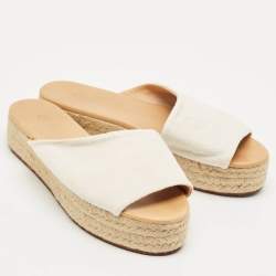 Pre Owned Loro Piana White Fabric Platform Espadrille Sandals Size 37