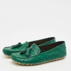 Pre Owned Loro Piana Green Ostrich Leather Loafers Size 38