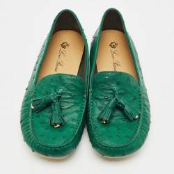Pre Owned Loro Piana Green Ostrich Leather Loafers Size 38