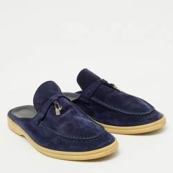 Pre Owned Loro Piana Navy Blue Suede Babouche Charms Walk Flat Mules Size 38
