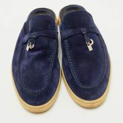 Pre Owned Loro Piana Navy Blue Suede Babouche Charms Walk Flat Mules Size 38