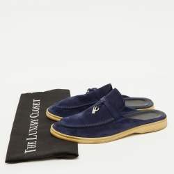 Pre Owned Loro Piana Navy Blue Suede Babouche Charms Walk Flat Mules Size 38