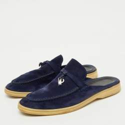 Pre Owned Loro Piana Navy Blue Suede Babouche Charms Walk Flat Mules Size 38