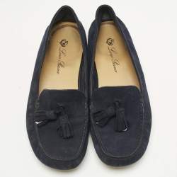 Pre Owned Loro Piana Navy Blue Suede Tassel Dot Sole Walk Slip On Loafers Size 39.5