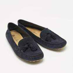 Pre Owned Loro Piana Navy Blue Suede Tassel Dot Sole Walk Slip On Loafers Size 39.5