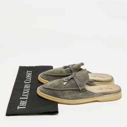 Pre Owned Loro Piana Grey Suede Babouche Charms Walk Mules Size 38.5