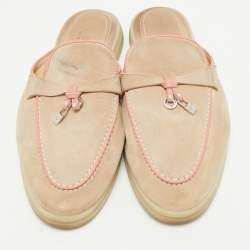 Pre Owned Loro Piana Pink/Beige Suede Babouche Charms Walk Mules Size 39