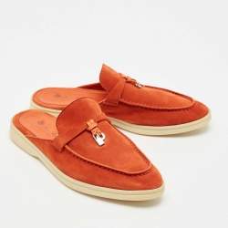 Pre Owned Loro Piana Orange Suede Babouche Charms Walk Mules Size 37.5