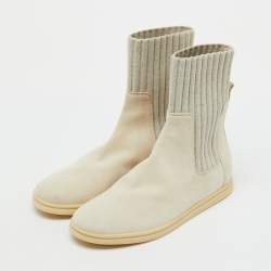 Pre Owned Loro Piana Light Grey Knit Fabric and Suede Ankle Sock Boots Size 36