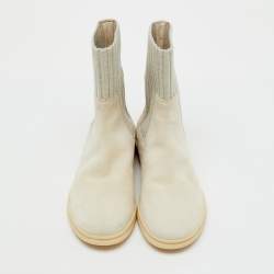 Pre Owned Loro Piana Light Grey Knit Fabric and Suede Ankle Sock Boots Size 36