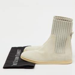 Pre Owned Loro Piana Light Grey Knit Fabric and Suede Ankle Sock Boots Size 36