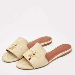 Pre Owned Loro Piana Cream Suede Summer Charms Walk Flat Slide Size 38.5