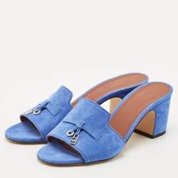 Pre Owned Loro Piana Blue Suede Summer Charms Slide Sandals Size 38.5