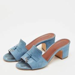 Pre Owned Loro Piana Blue Suede Summer Charms Slide Sandals Size 37.5