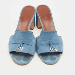 Pre Owned Loro Piana Blue Suede Summer Charms Slide Sandals Size 37.5