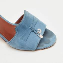 Pre Owned Loro Piana Blue Suede Summer Charms Slide Sandals Size 37.5