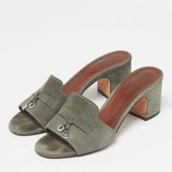 Pre Owned Loro Piana Green Suede Summer Charms Walk Slide Sandals Size 37.5