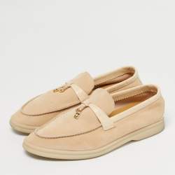 Pre Owned Loro Piana Beige Croc Embossed Leather and Suede Summer Charms Walk Loafers Size 39