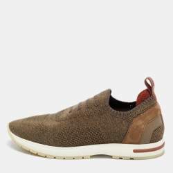 Pre Owned Loro Piana Brown Knit Fabric 360 LP Flexy Walk Slip On Sneakers Size 36.5