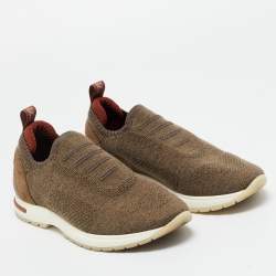 Pre Owned Loro Piana Brown Knit Fabric 360 LP Flexy Walk Slip On Sneakers Size 36.5
