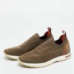 Pre Owned Loro Piana Brown Knit Fabric 360 LP Flexy Walk Slip On Sneakers Size 36.5