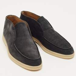 Pre Owned Loro Piana Navy Blue Suede Open Walk Ankle Length Boots Size 37.5