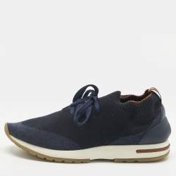 Pre Owned Loro Piana Navy Blue Knit Fabric and Leather 360 LP Flexy Walk Slip On Sneakers Size 39