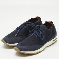 Pre Owned Loro Piana Navy Blue Knit Fabric and Leather 360 LP Flexy Walk Slip On Sneakers Size 39